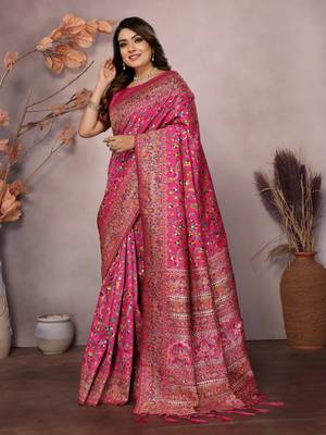 rani pink soft silk blend meenakari weaving work pashmina saree 3