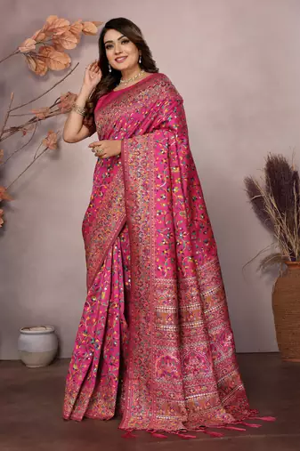 rani pink soft silk blend meenakari weaving work pashmina saree