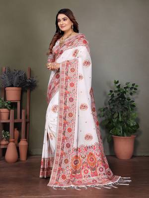 white rajwadi pashmina silk blend weaving kashmiri thread woven saree 3