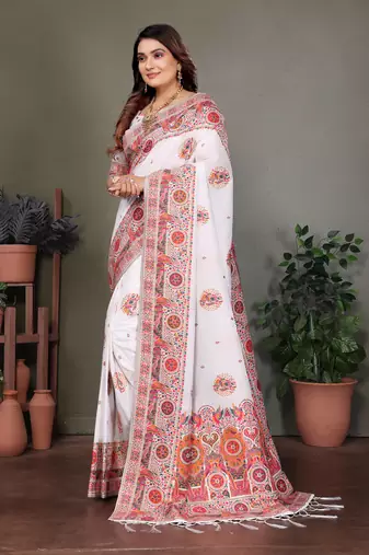 white rajwadi pashmina silk blend weaving kashmiri thread woven saree