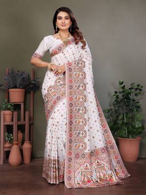 white rajwadi pashmina silk blend weaving kashmiri thread woven saree 1