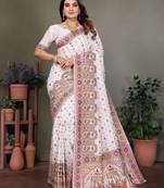 white rajwadi pashmina silk blend weaving kashmiri thread woven saree