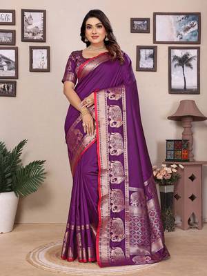 purple soft silk blend blend self jacquard weaving banarasi saree 3