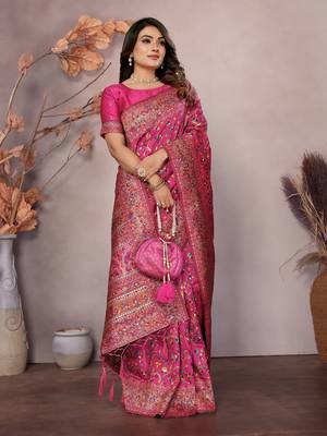 rani pink soft silk blend meenakari weaving work pashmina saree 4