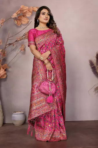 rani pink soft silk blend meenakari weaving work pashmina saree