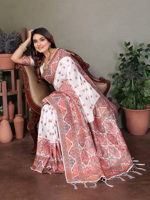 white rajwadi pashmina silk blend weaving kashmiri thread woven saree 5