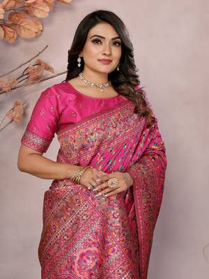rani pink soft silk blend meenakari weaving work pashmina saree 5
