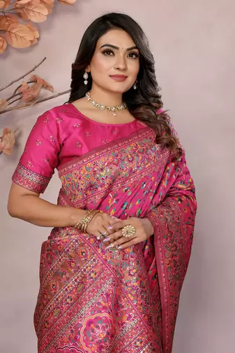 rani pink soft silk blend meenakari weaving work pashmina saree
