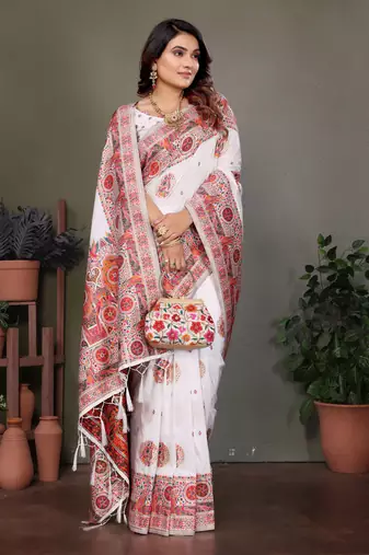 white rajwadi pashmina silk blend weaving kashmiri thread woven saree