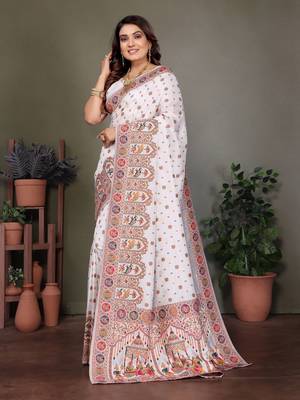 white rajwadi pashmina silk blend weaving kashmiri thread woven saree 2