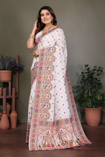 white rajwadi pashmina silk blend weaving kashmiri thread woven saree