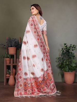 white rajwadi pashmina silk blend weaving kashmiri thread woven saree 5