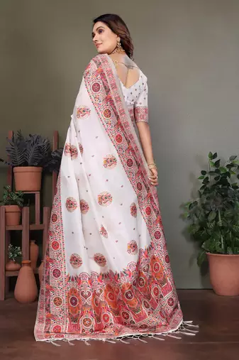 white rajwadi pashmina silk blend weaving kashmiri thread woven saree