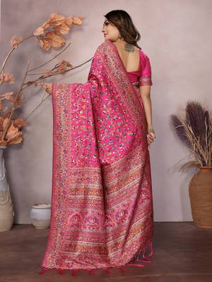 rani pink soft silk blend meenakari weaving work pashmina saree 6