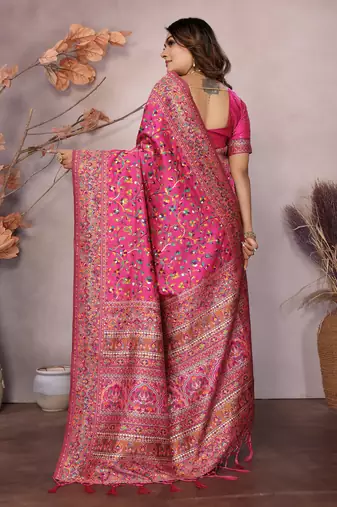 rani pink soft silk blend meenakari weaving work pashmina saree