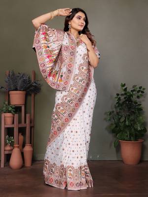 white rajwadi pashmina silk blend weaving kashmiri thread woven saree 3