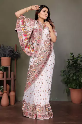 white rajwadi pashmina silk blend weaving kashmiri thread woven saree