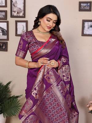 purple soft silk blend blend self jacquard weaving banarasi saree 6