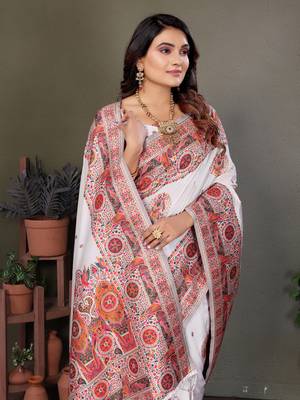 white rajwadi pashmina silk blend weaving kashmiri thread woven saree 6