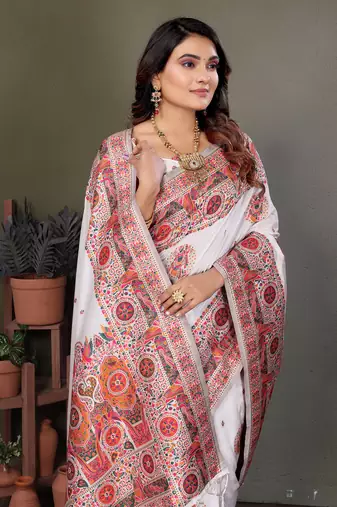 white rajwadi pashmina silk blend weaving kashmiri thread woven saree