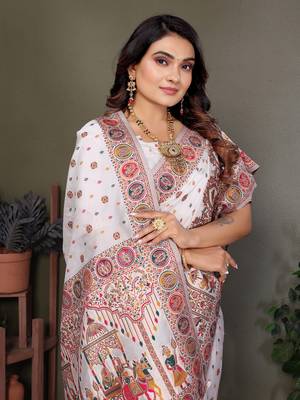 white rajwadi pashmina silk blend weaving kashmiri thread woven saree 4