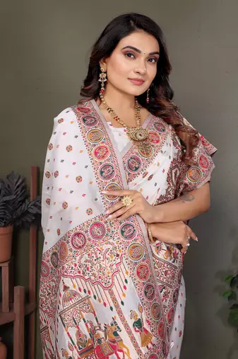white rajwadi pashmina silk blend weaving kashmiri thread woven saree