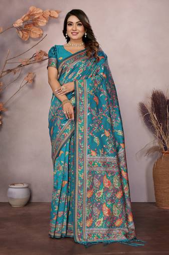 teal soft silk blend meenakari weaving work pashmina saree