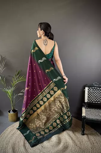 plum soft silk blend butti zari weaving banarasi saree
