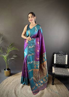 purple soft silk blend butti zari weaving banarasi saree 1