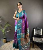 purple soft silk blend butti zari weaving banarasi saree