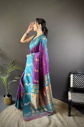 purple soft silk blend butti zari weaving banarasi saree
