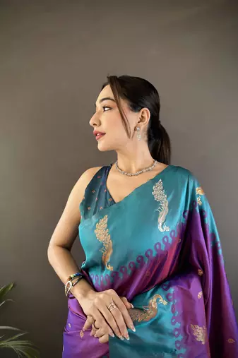 purple soft silk blend butti zari weaving banarasi saree