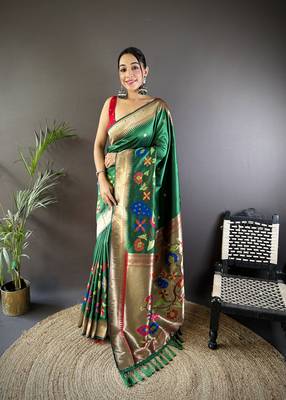dark green soft silk blend motifs mina zari weaving paithani saree 1