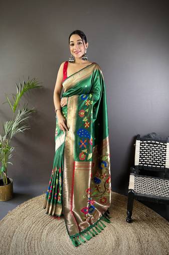 dark green soft silk blend motifs mina zari weaving paithani saree