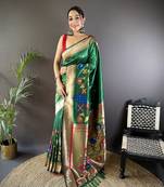 dark green soft silk blend motifs mina zari weaving paithani saree