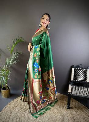 dark green soft silk blend motifs mina zari weaving paithani saree 2