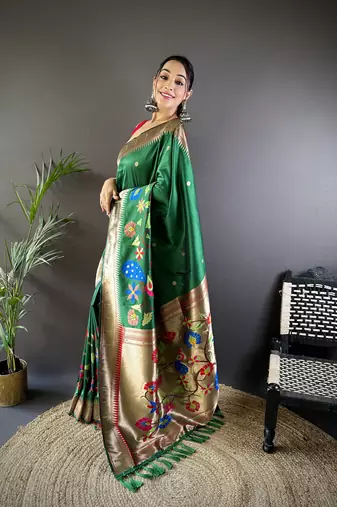 dark green soft silk blend motifs mina zari weaving paithani saree