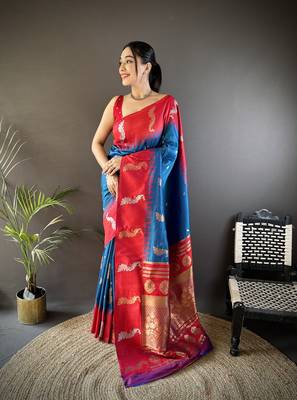 royal blue soft silk blend butti zari weaving banarasi saree 1