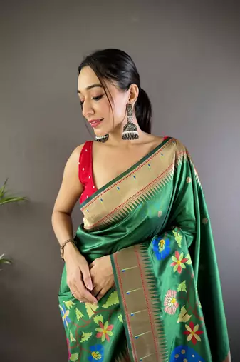 dark green soft silk blend motifs mina zari weaving paithani saree