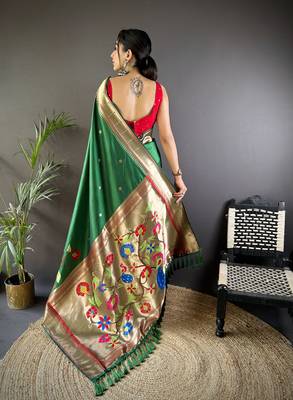 dark green soft silk blend motifs mina zari weaving paithani saree 4