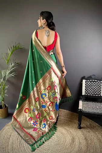 dark green soft silk blend motifs mina zari weaving paithani saree