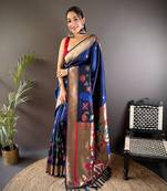 royal blue soft silk blend motifs mina zari weaving paithani saree