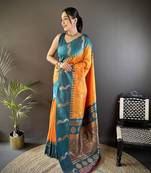 orange soft silk blend butti zari weaving banarasi saree