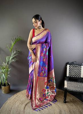 purple soft silk blend motifs mina zari weaving paithani saree 1