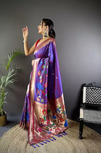 purple soft silk blend motifs mina zari weaving paithani saree