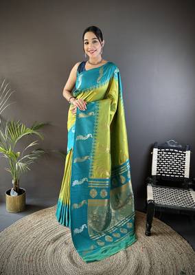 green soft silk blend butti zari weaving banarasi saree 1