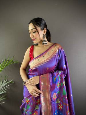 purple soft silk blend motifs mina zari weaving paithani saree 3