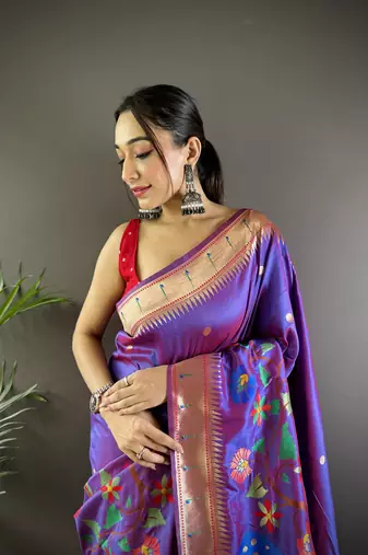 purple soft silk blend motifs mina zari weaving paithani saree
