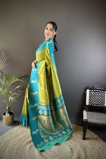 green soft silk blend butti zari weaving banarasi saree