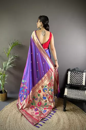 purple soft silk blend motifs mina zari weaving paithani saree